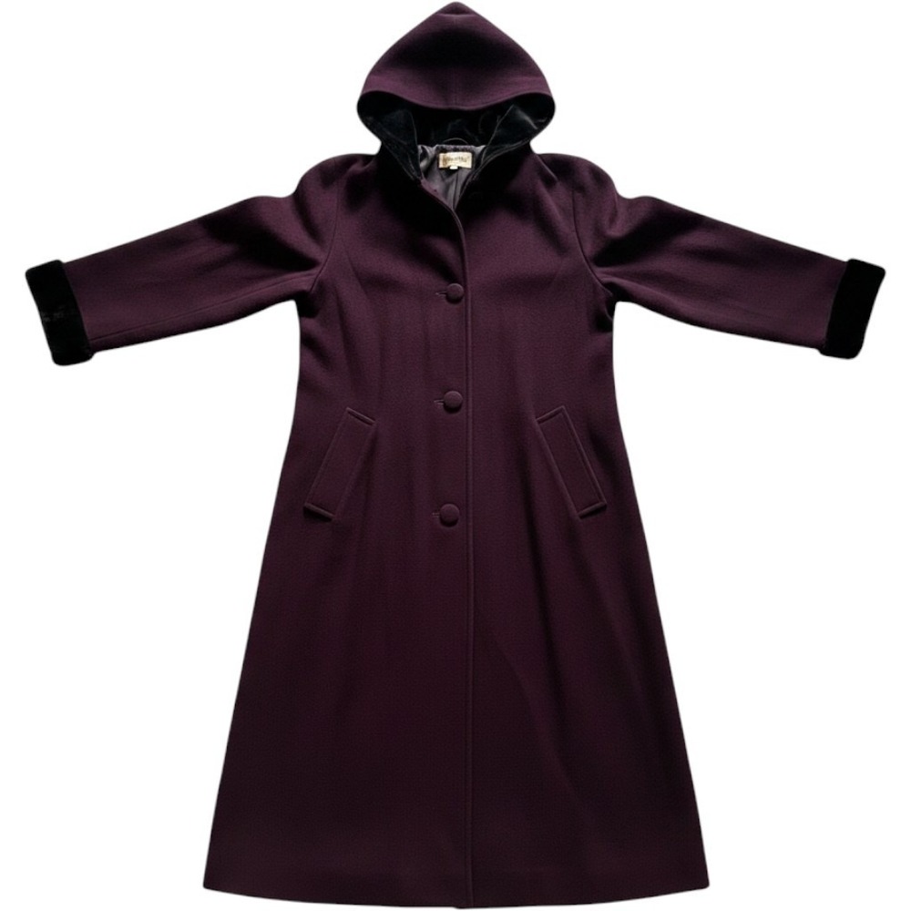 Vintage Forecaster Trench Coat Wool Dark Purple Black Velvet Trim Buttons 16